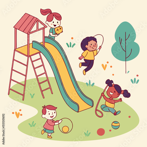 Joyful outdoor playtime illustration featuring children on slide and jumping rope
