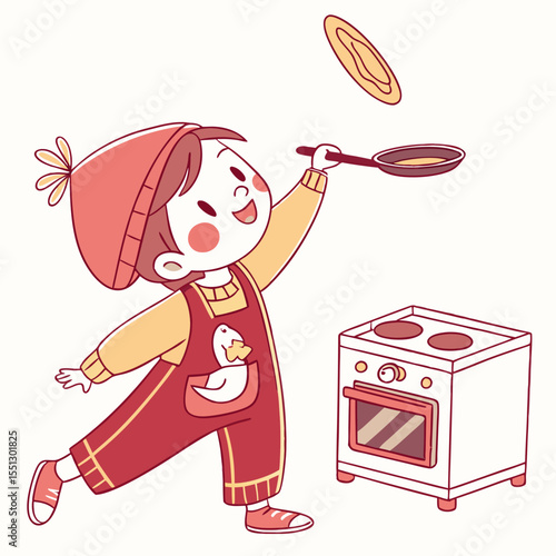 Whimsical Illustration of a Child Tossing a Pancake with Joyful Abandon