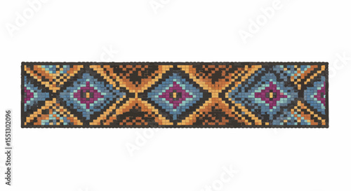 Geometric pattern of a colorful ethnic ornament, featuring diamond shapes and intricate details.