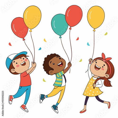 Joyful kids celebrating with colorful balloons, a fun and vibrant cartoon illustration