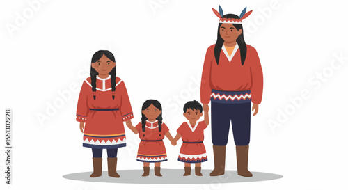 Native American family dressed in traditional clothing.