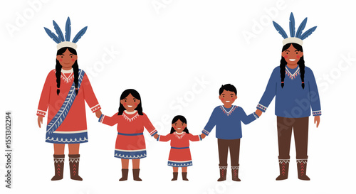 A native family, hand in hand, standing together, wearing traditional attire. 