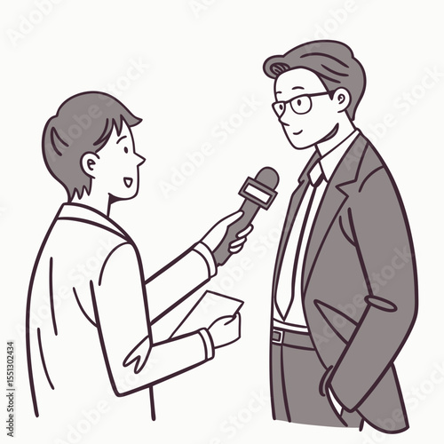 Interview sketch: Journalist questioning a suited man for a broadcast report