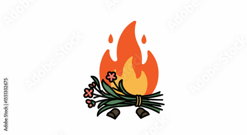 Burning bundle of firewood and a bouquet of flowers illustration