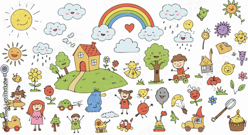 A vibrant, whimsical illustration featuring a colorful scene with houses, trees, clouds, suns, rainbows, and various cartoon characters.