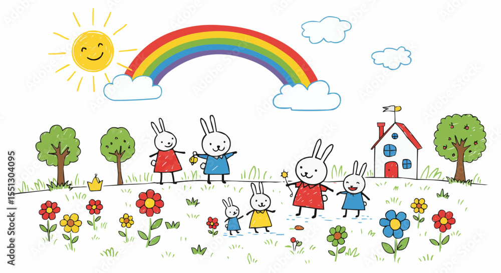 Naklejka premium A delightful illustration of a group of rabbits standing in a garden with a rainbow and sun.