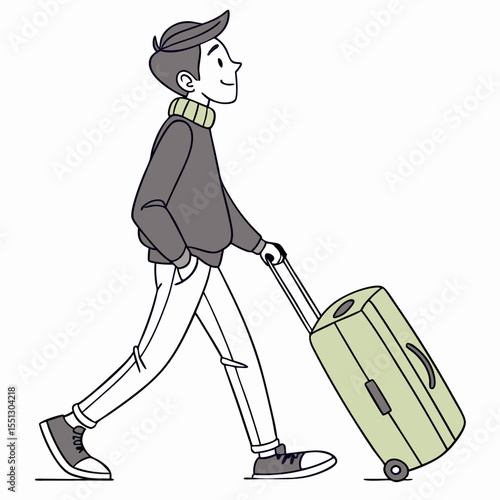 Cartoon traveler with luggage, evokes journeying, adventure, and exploration style