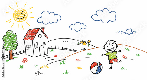 A joyful illustration of a cheerful boy playing with a ball in a idyllic setting.