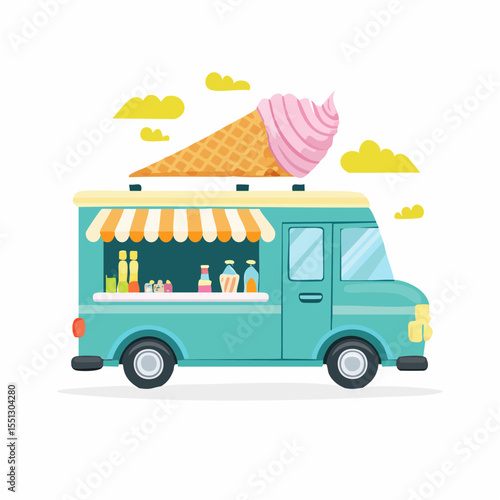 A flat vector illustration of an ice cream truck with a vibrant summer theme, featuring bright colors like yellow, pink, and blue, perfect for seasonal designs.