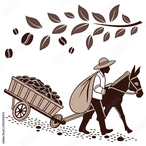 Stylized depiction of coffee harvest scene with donkey and loaded cart