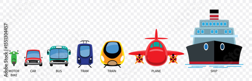 Transportation vehicles cartoon illustration included motorcycle, car, bus, tram, train, plane, ship . Flat design . Isolate on white background . Vector .