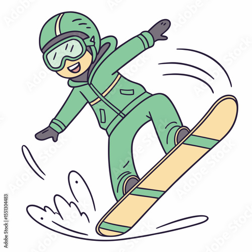 Animated snowboarder executing a jump with a playful, dynamic feel illustration