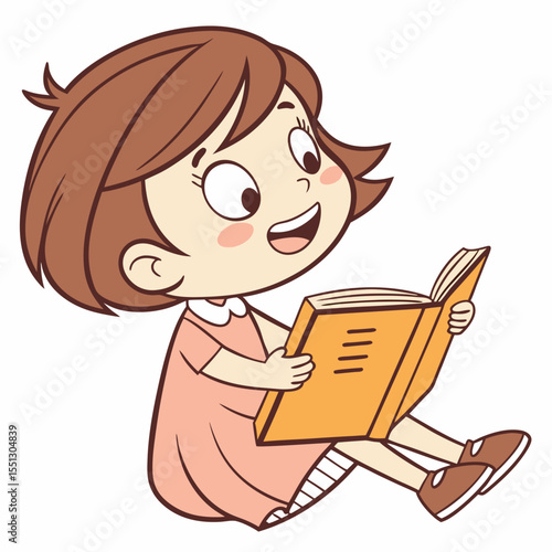 Animated girl absorbed in reading, fostering imagination and cognitive development