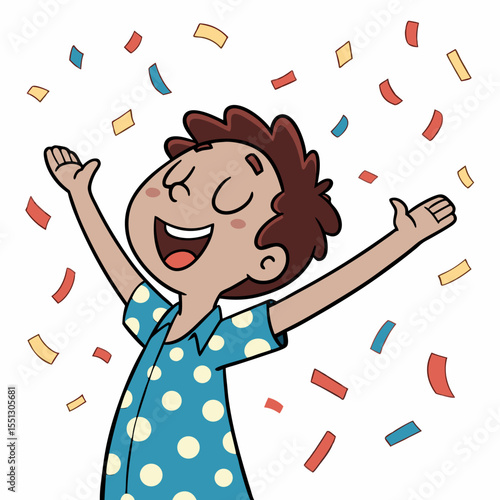 Cartoon character celebrating under a shower of confetti for joyful occasion