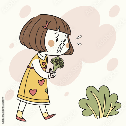 Cartoon child's aversion to broccoli, a whimsical depiction of picky eating