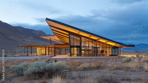 Modern architecture in serene desert landscape.