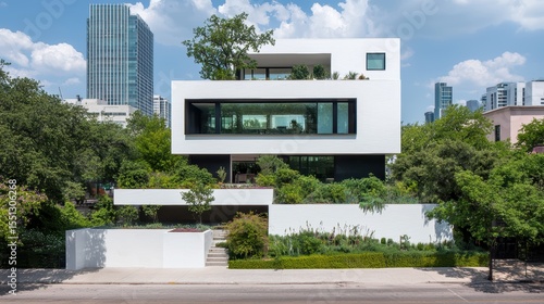Modern architecture with greenery and glass design.