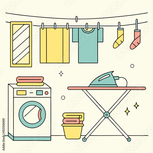 Line Art Illustration: Laundry Scene with Washing Machine, Iron, and Clothesline