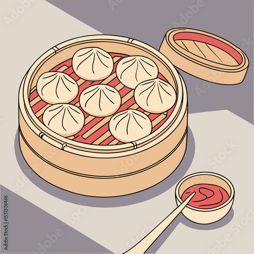 Steaming delights: A vibrant illustration of delicate dumplings in a bamboo steamer