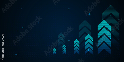 A glowing blue bar chart with The layout places arrows on the right side, allowing negative space on the left for overlaying text or design elements. vector illustration