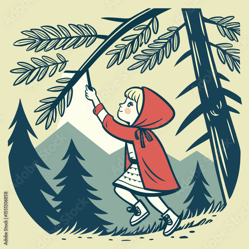 Stylized rendition featuring a girl with red cloak in a woody area scenery