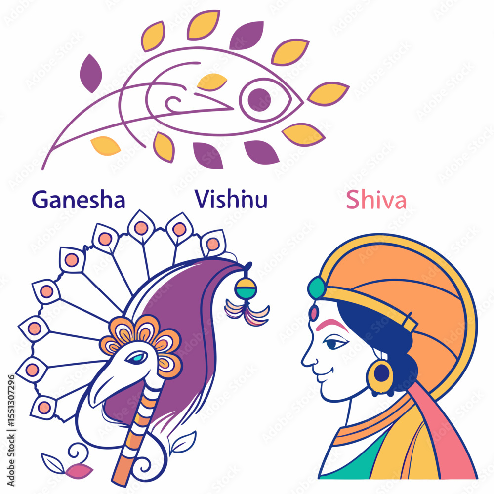 Fototapeta premium Stylized depictions of hindu deities, ganesha, vishnu, and shiva in minimalist illustration