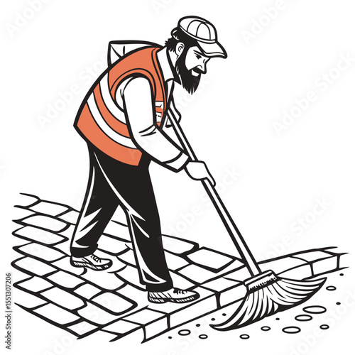 Illustration of a dedicated street cleaner sweeping cobblestones with a broom