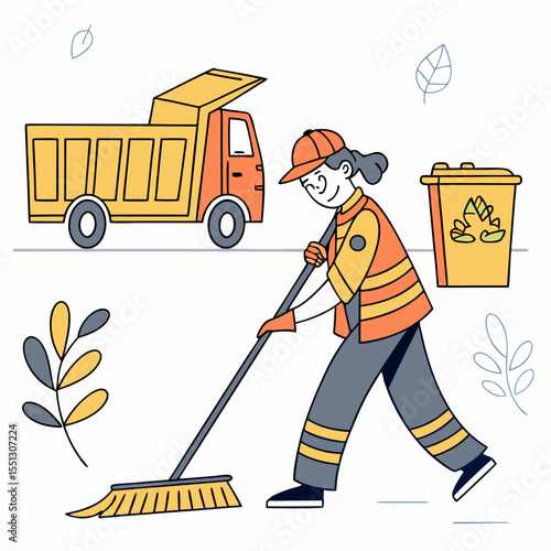 Street cleaner working in waste collection in a public space with truck
