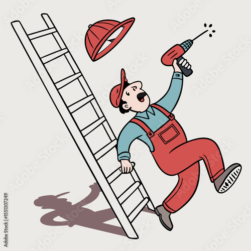 Precarious Perch: A Cartoon Construction Worker's Ladder Mishap Unfolds Dramatically