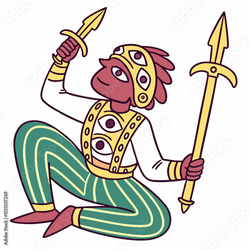 Stylized warrior with spears and decorative eye regalia in playful design