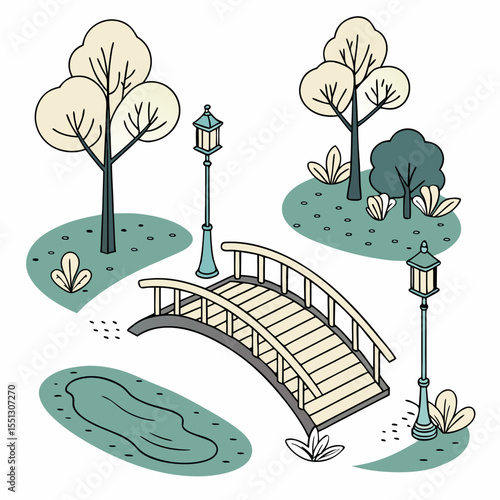 Serene stylized park scene featuring bridge, trees, pond, and vintage lanterns