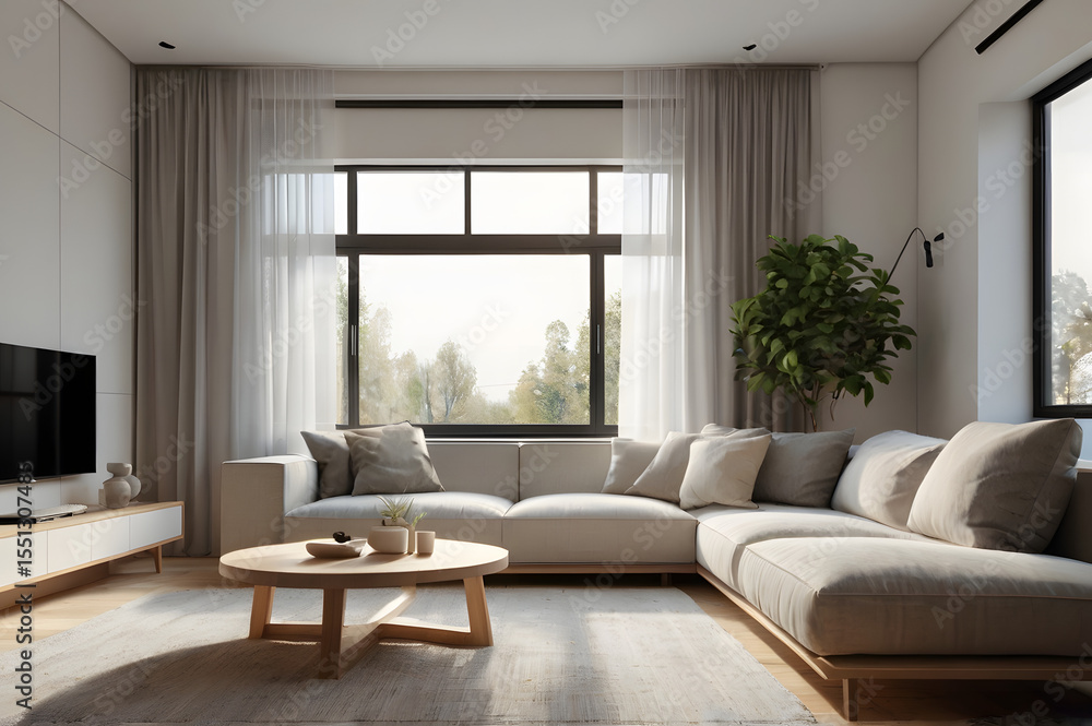Bright Minimalist Living Room with Large Sofa and Window Light Bright Minimalist Living Room with Large Sofa and Window Light