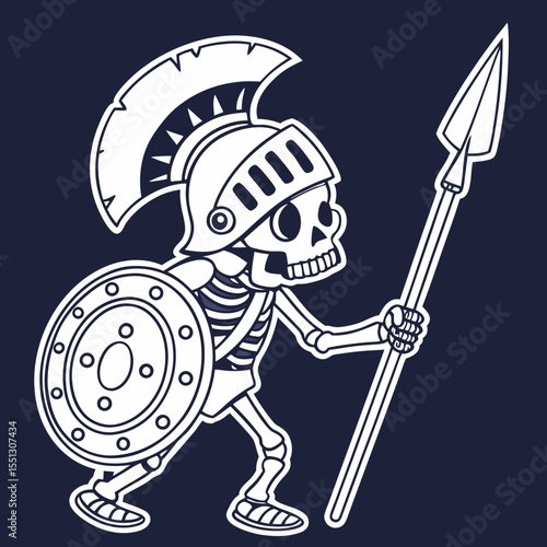 Stylized Skeleton Warrior Illustration with Spear and Shield against Dark Backdrop