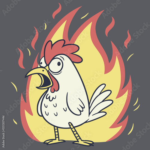 Cartoon chicken engulfed in stylized flames, a humorous and fiery predicament