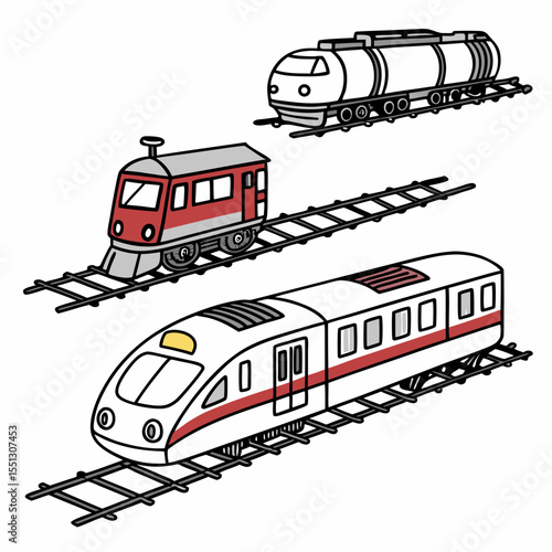 Illustrated evolution of railroad transport: steam, diesel, and modern electric locomotives
