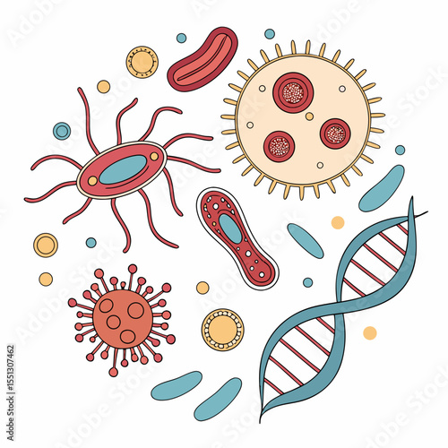 Diverse microscopic organisms and dna structure composition for scientific study