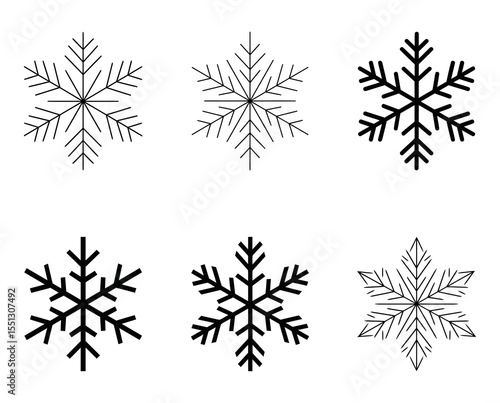 Six unique snowflake icons in black and white, winter design elements.