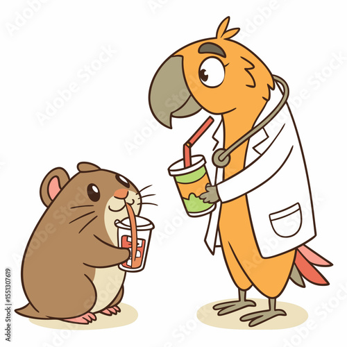 Hamster enjoying beverage as parrot doctor watches with care illustration