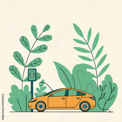 Environmentally Conscious Transport: Electric Car and Nature's Embrace Artwork