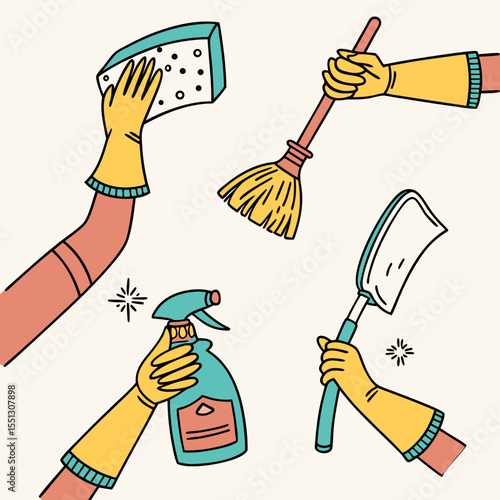 Illustrated hands showcasing cleaning tools symbolizing hygiene and sanitation