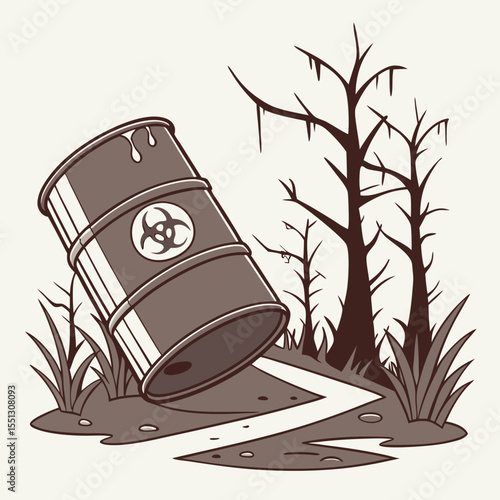 Cartoon portrayal of hazardous waste barrel with barren trees in illustration