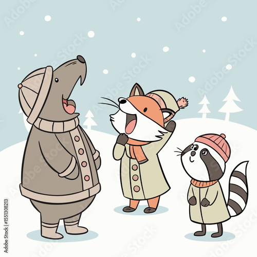 Winter Wonderland Friends: A whimsical illustration of animals enjoying falling snow