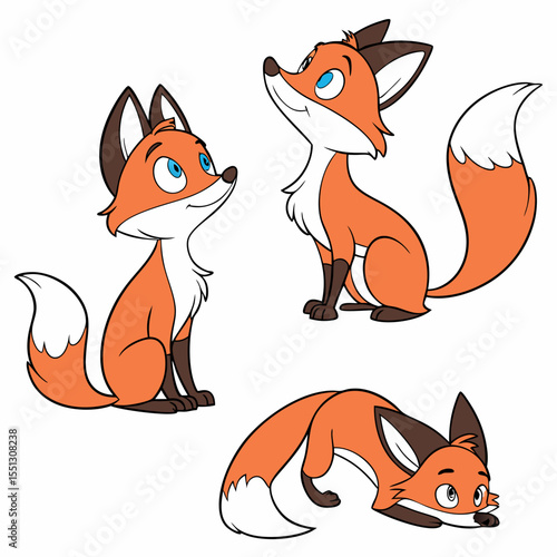 Charming cartoon foxes conveying curiosity, contentment and playful exploration