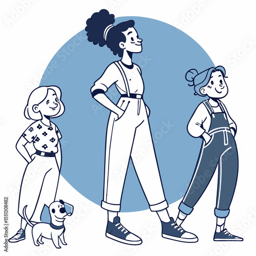 Diverse cartoon characters representing teamwork and individuality in design