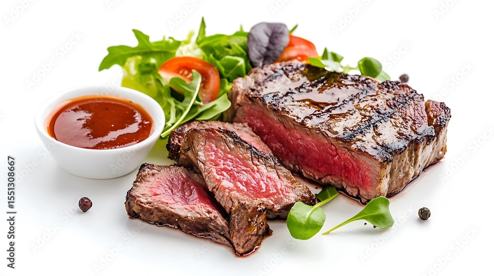 Gourmet medium rare steak with salad and sauce isolated on white background Gourmet medium rare steak with salad and sauce isolated on white background