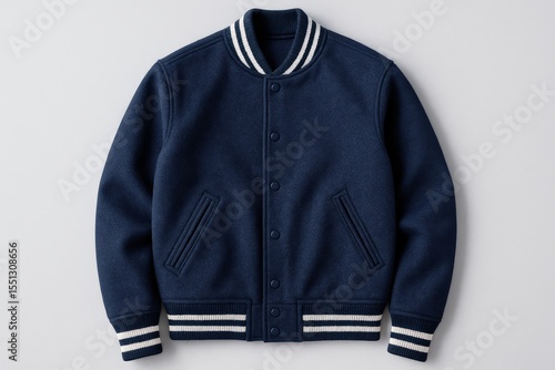 Classic Navy Varsity Jacket showcases sporty elegance with its wool blend, white striped ribbing, evoking a timeless collegiate style.