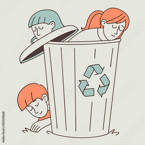 Contemplative figures emerging from a recycle bin reflecting societal issues