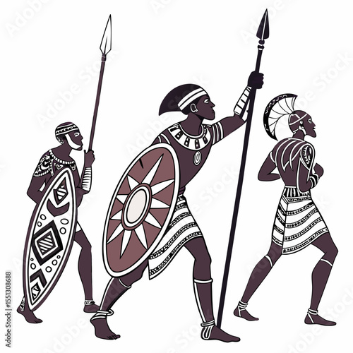 Symbolic depiction of ancient african warriors in traditional attire and armament