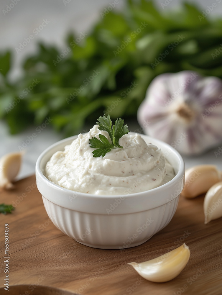 Creamy garlic sauce with fresh parsley in a white bowl Creamy garlic sauce with fresh parsley in a white bowl