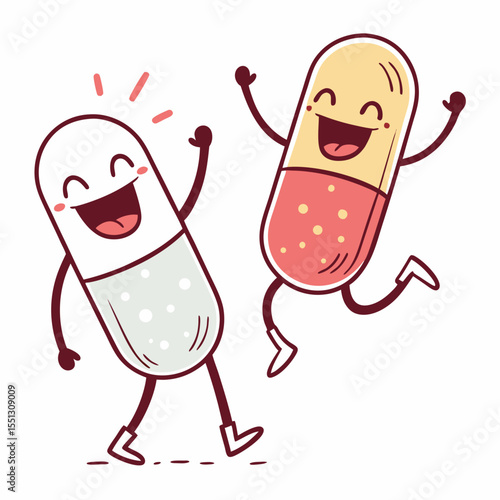 Cartoon capsule characters joyfully interacting, promoting healthcare well-being
